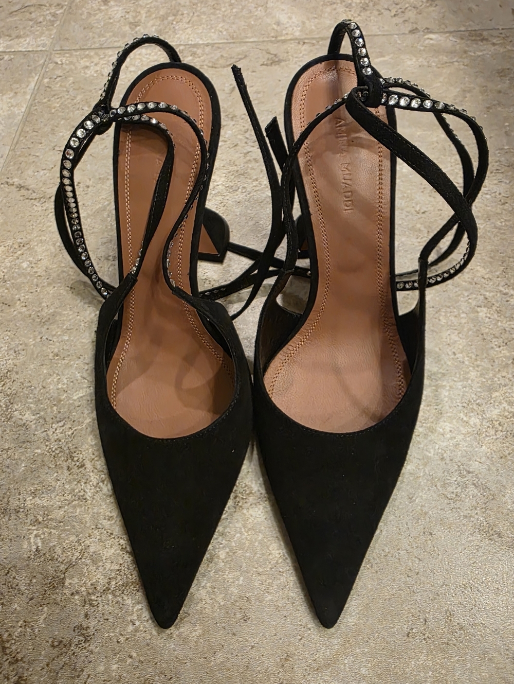 New Amina Muaddi Black Suede Pointed Toe Heels with Crystal Straps Size 37